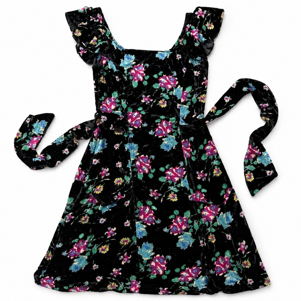Johnny Was‎ 4 Love And Liberty Velvet Silk Floral Dress Black Pink Boho Ruffle S